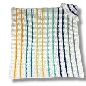 Handmade Crochet Hooded Baby Blanket 34x34 White w/ Multicolor Stripes New
